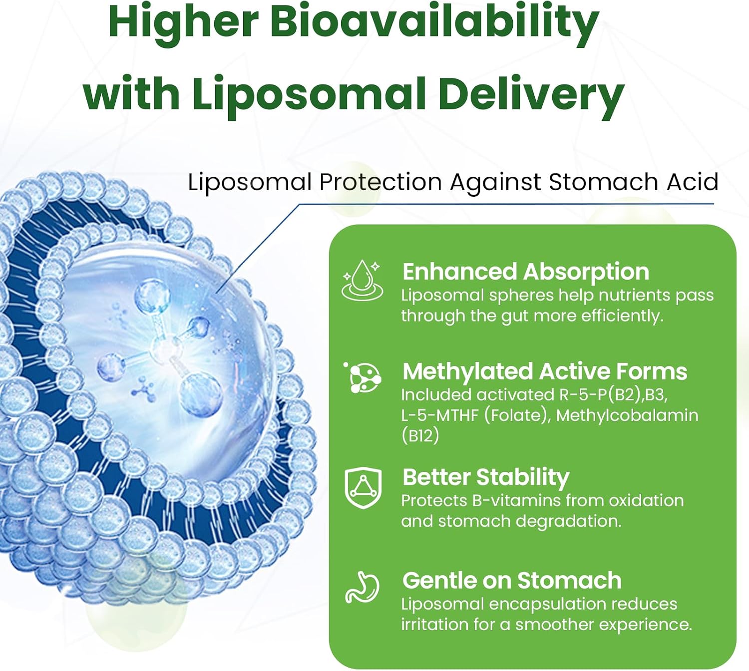 Liposomal B Complex for High Absorption Methylated B12, L-Methylfolate (5-MTHF), Full Active B Vitamins with Choline Inositol - Energy, Metabolism, Brain & Heart Support, Vegan, Non-GMO, 3 Month Supply