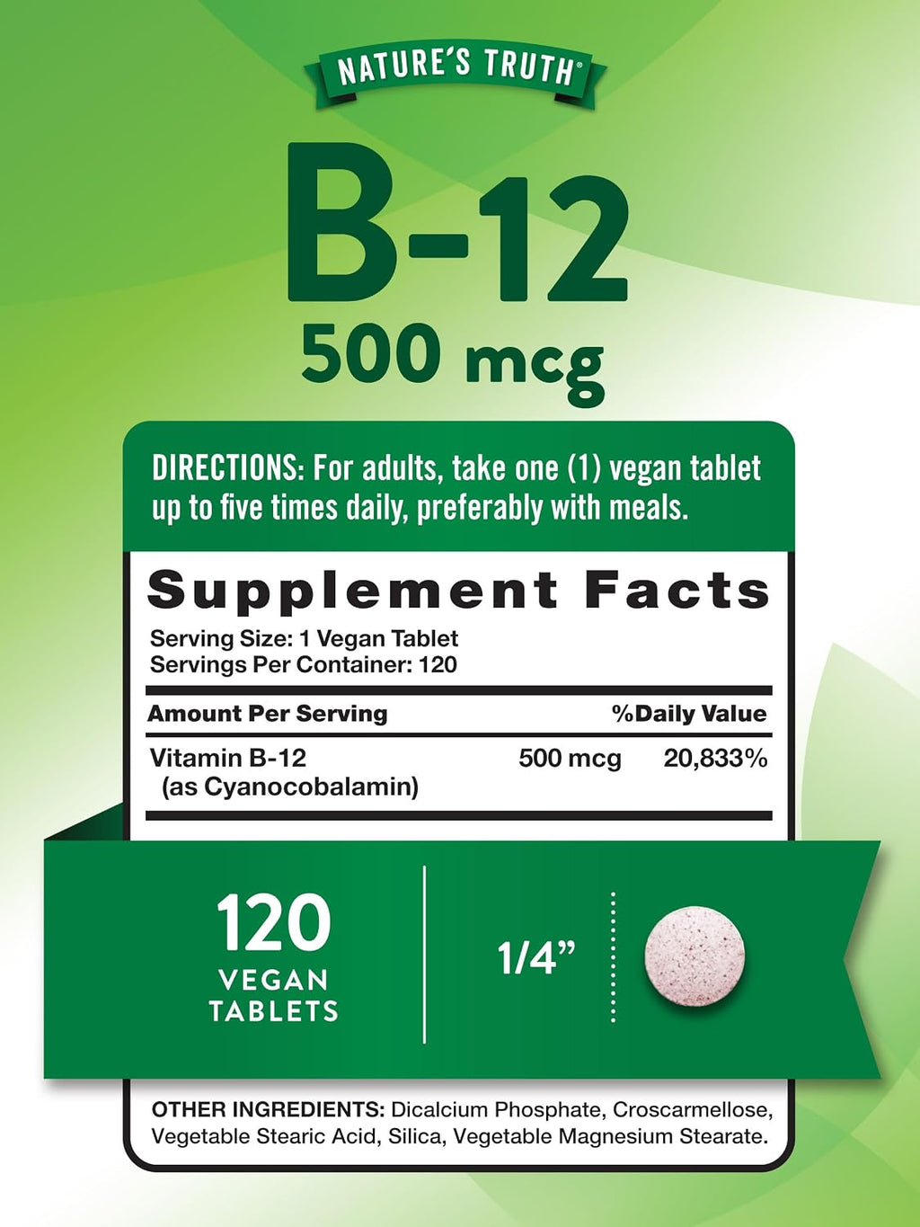 Nature's Truth Vitamina B12 500 mcg - 120 Comprimidos - Vegano, No-Transgénico y Sin Gluten