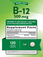 Nature's Truth Vitamina B12 500 mcg - 120 Comprimidos - Vegano, No-Transgénico y Sin Gluten