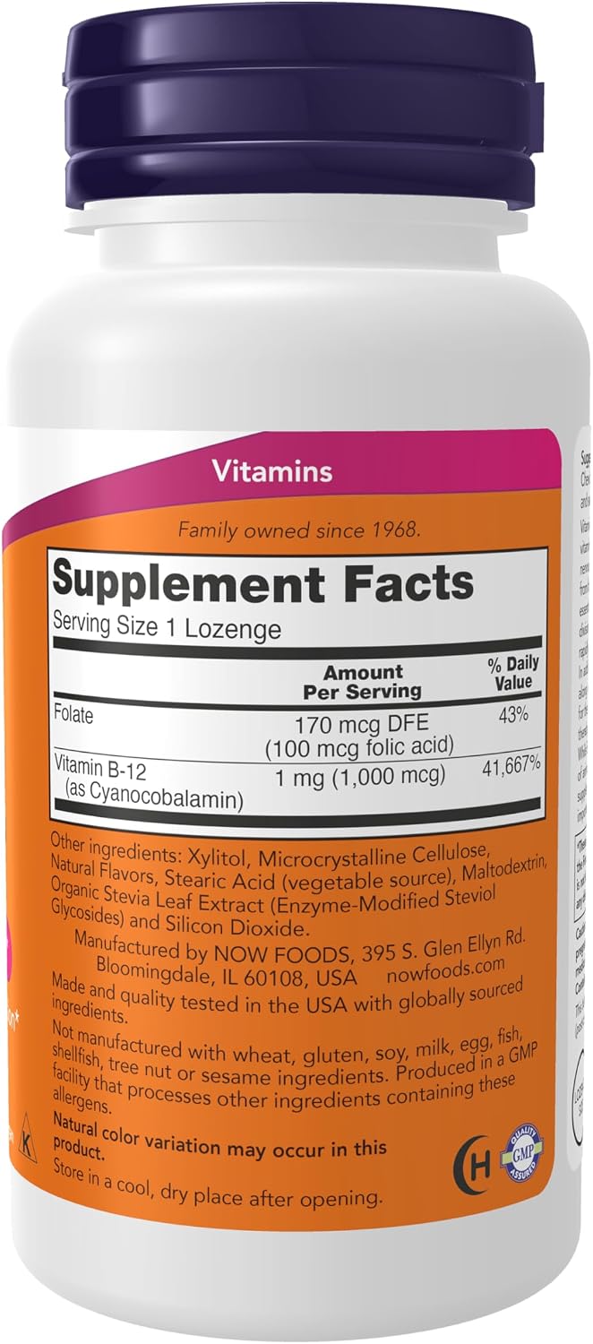 NOW Foods Vitamina B-12 1000 mcg con Ácido Fólico, 250 Comprimidos Masticables