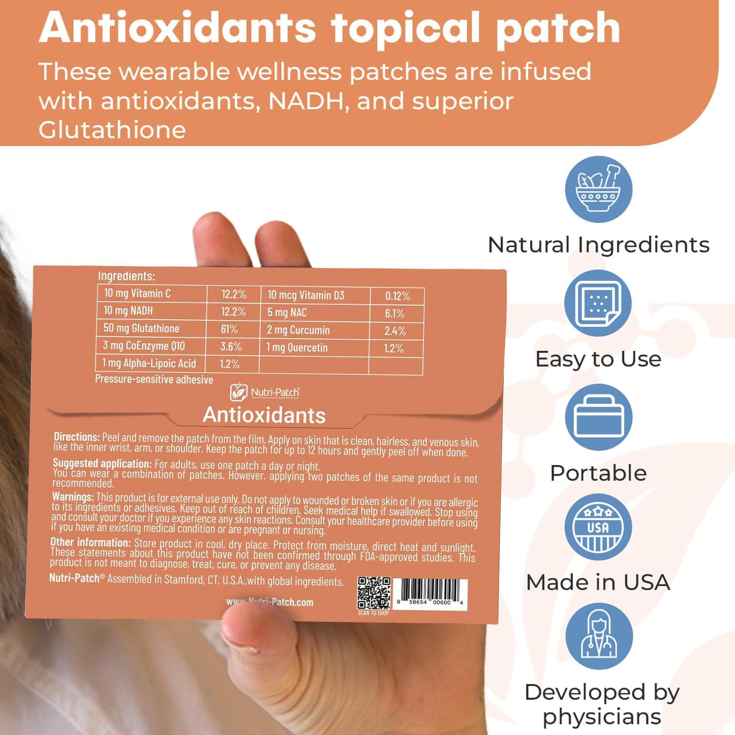 NUTRI-PATCH® Parche Antioxidante Tópico con NADH, Glutatión, Coenzima Q10 y NAC (30 parches)