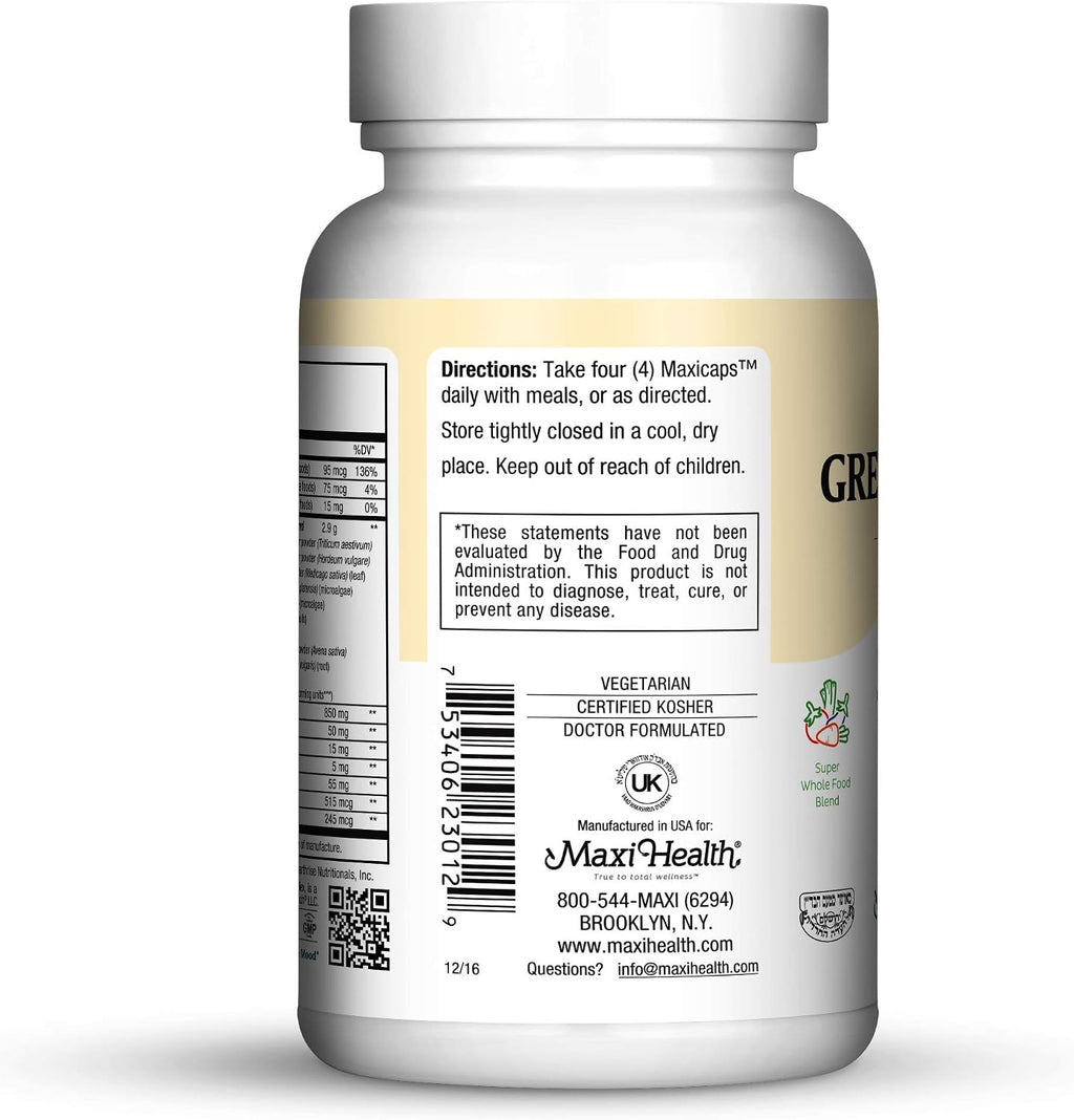 Maxi Health Super Greens – Complemento Alimenticio Integral para Energía y Sistema Inmunitario – 120 Cápsulas Veganas Kosher