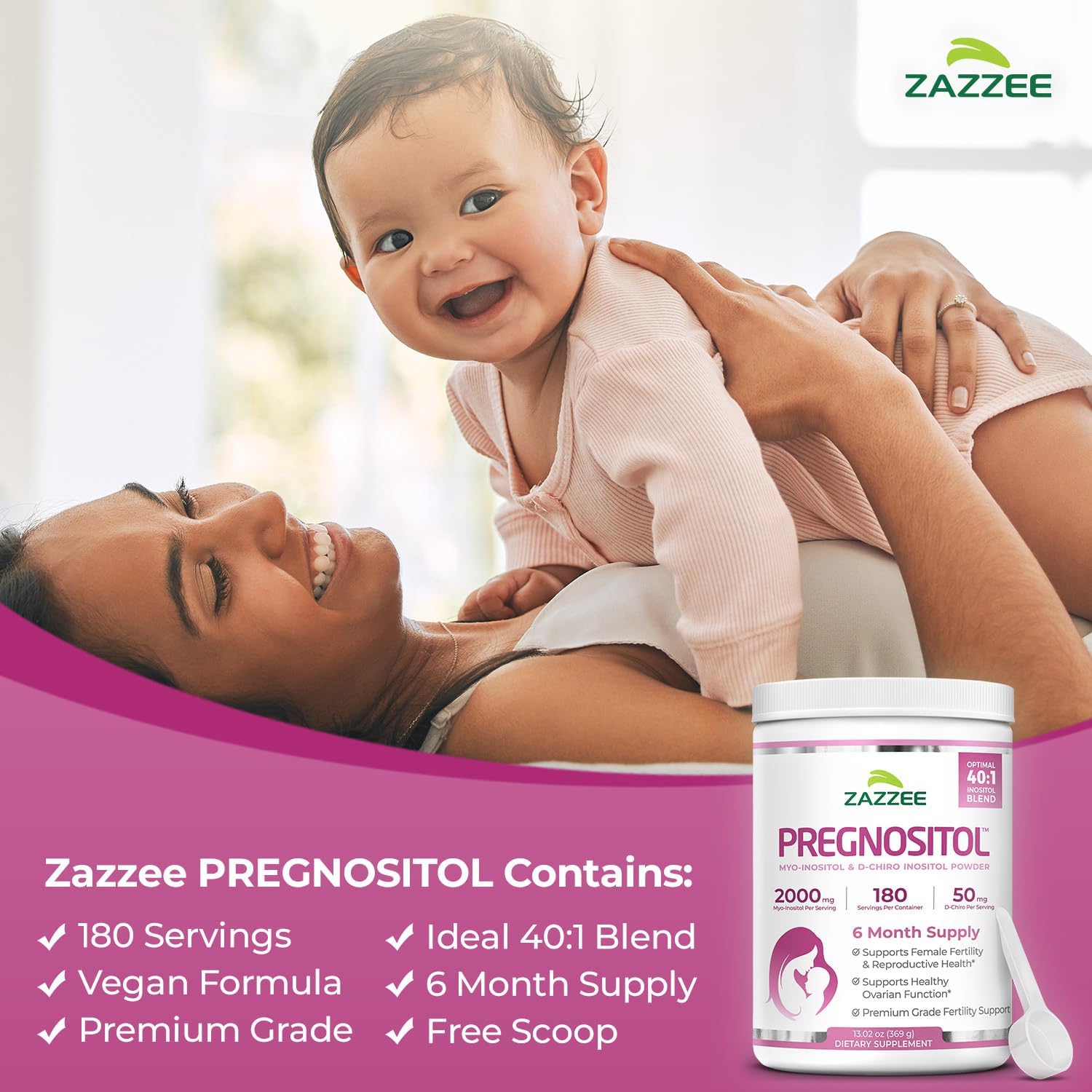 Zazzee PREGNOSITOL Powder – Myo-Inositol y D-Chiro-Inositol 40:1 (180 dosis)