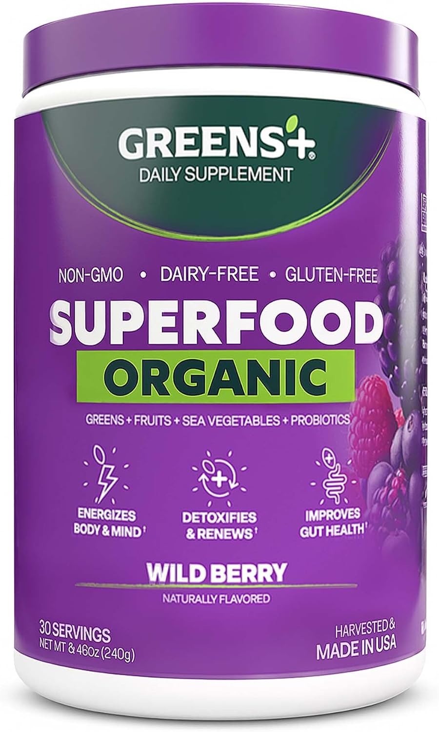 Greens+ Polvo de superalimento orgánico RAW - Superalimento Orgánico en Polvo (240 g)