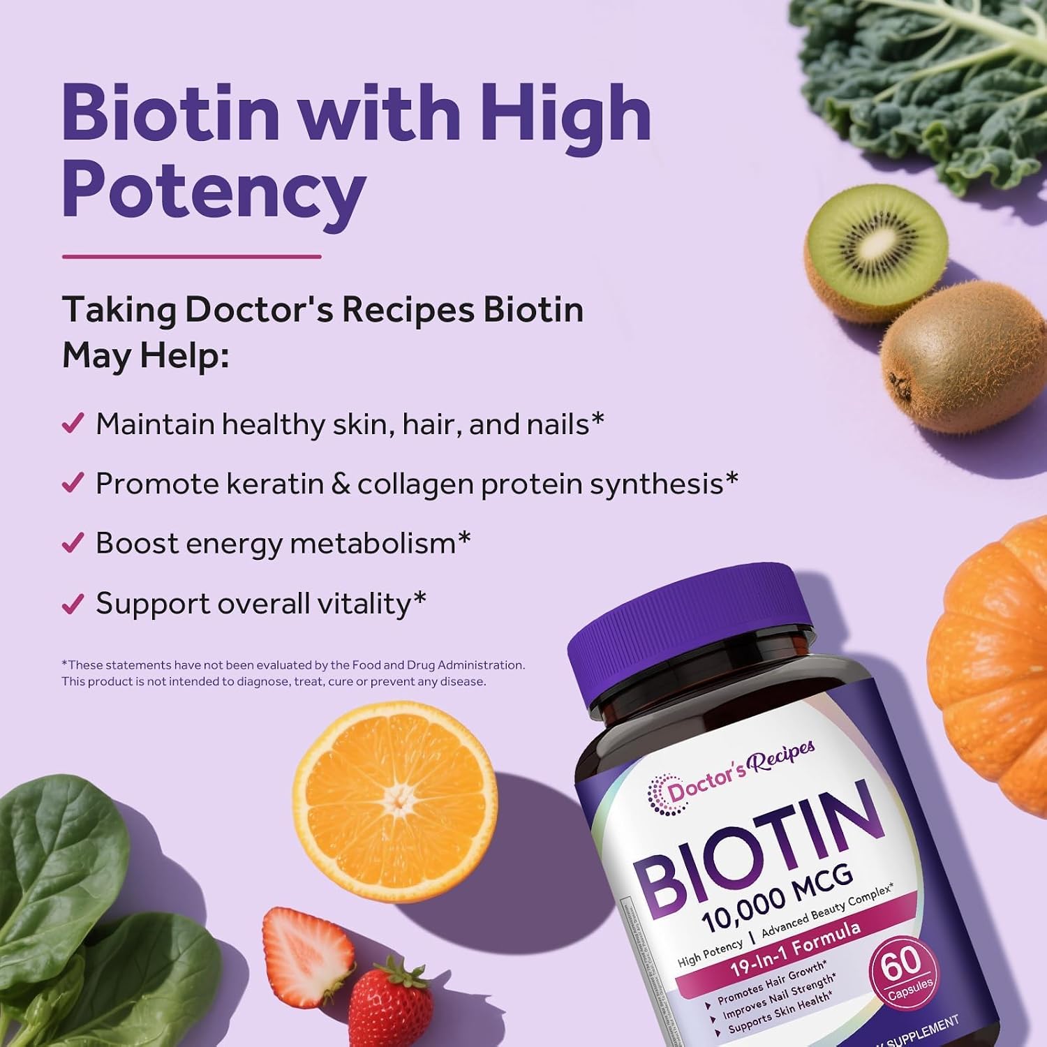 Doctor's Recipes Biotin Complex, 10.000 mcg, 60 Cápsulas - Complejo para Cabello, Piel y Uñas con Colágeno, Keratina, MSM y Vitaminas