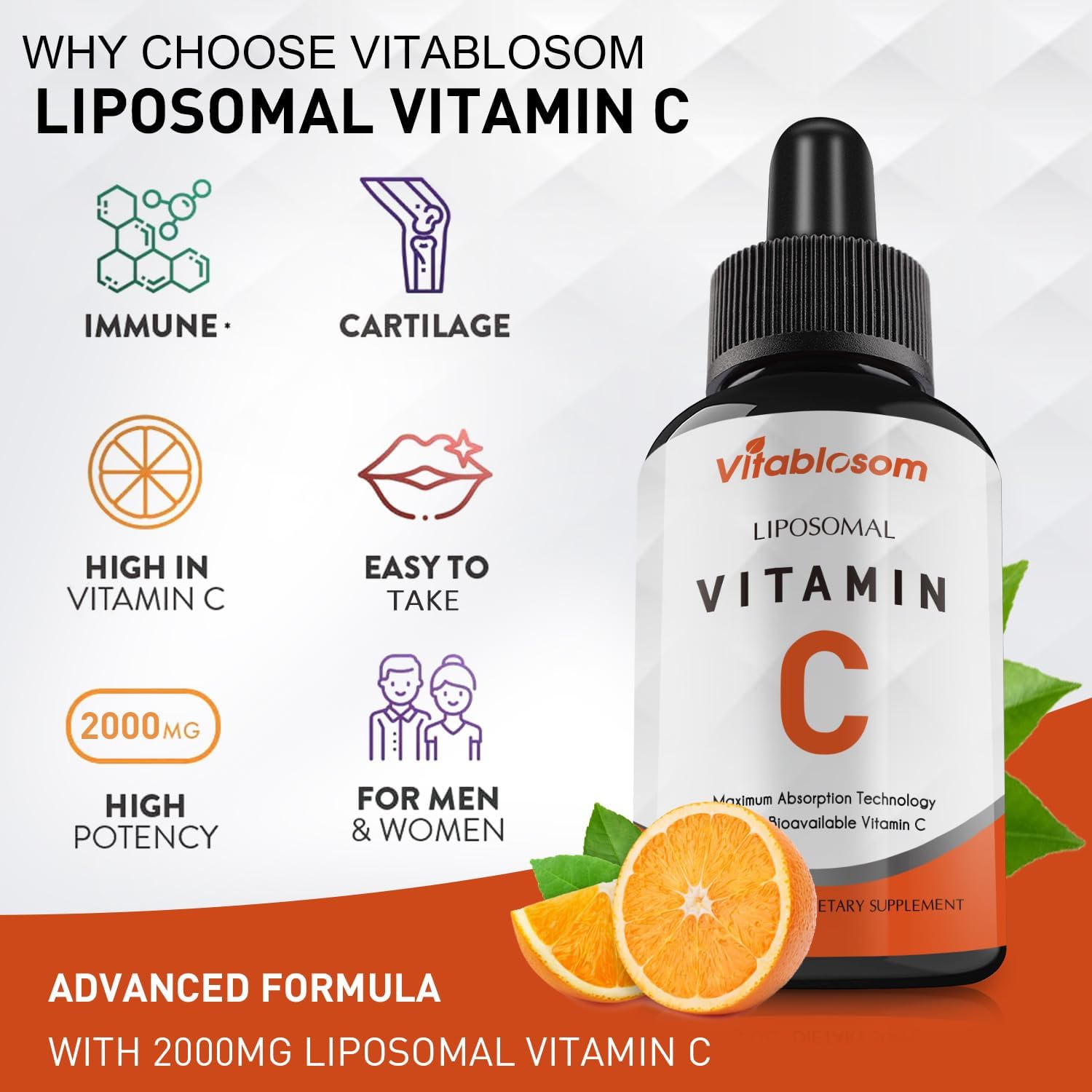 Vitablosom Liposomal Vitamin C 2000mg Liquid for Adults, High Absorption VIT C, Maximize Vitamin C, Immune System & Antioxidant Support, 60ML (1 Bottle)