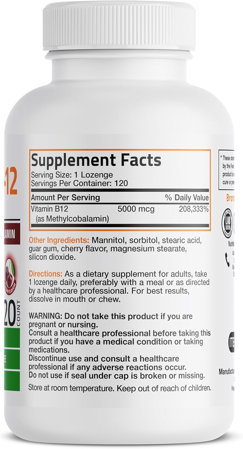 Bronson Methyl B12 5000 mcg - Metilcobalamina para Energía y Sistema Nervioso, 120 Comprimidos Sublinguales