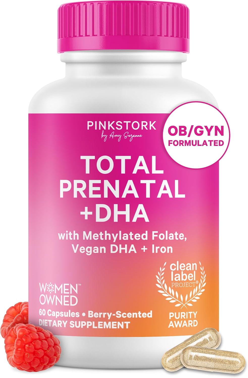 Pink Stork Total Prenatal - Vitaminas Prenatales con DHA Vegano, Folato Metilado y Hierro, 60 Cápsulas