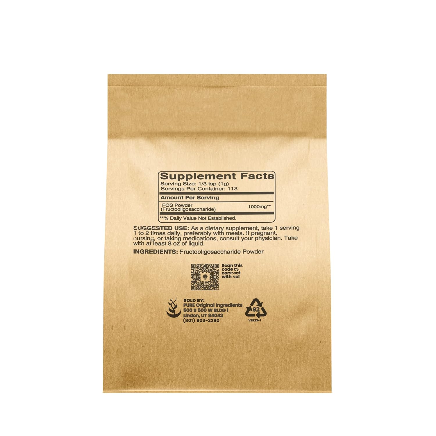 Pure Original Ingredients Fructooligosacáridos en Polvo, 113 g (4 oz), Sin Aditivos