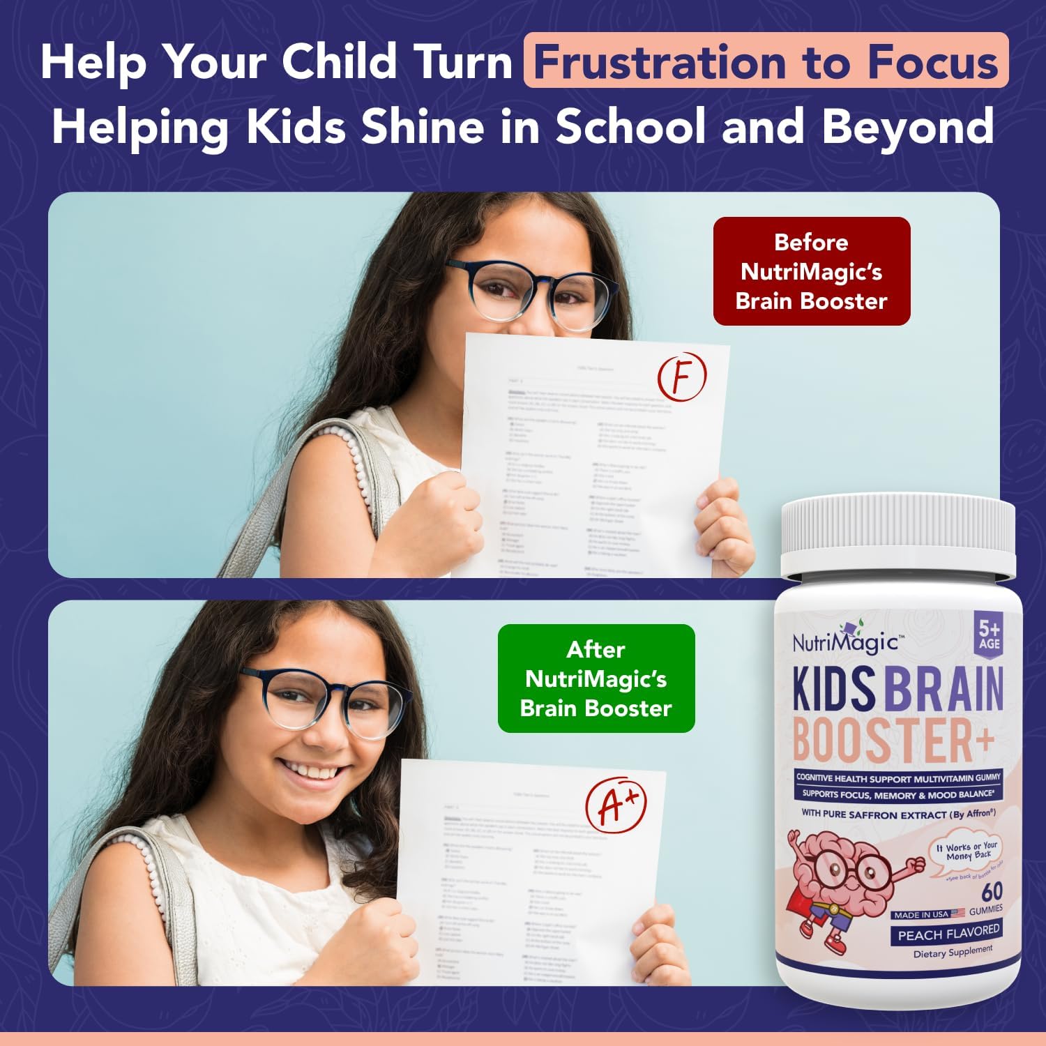 NutriMagic Kids Brain Booster+ 30mg Saffron-Based Multivitamin Gummies for Kids Brain Health Support, Saffron Extract Gummies, Vitamin D3, B6, B12, Zinc, 120x Non-GMO Gummies (2-Pack)