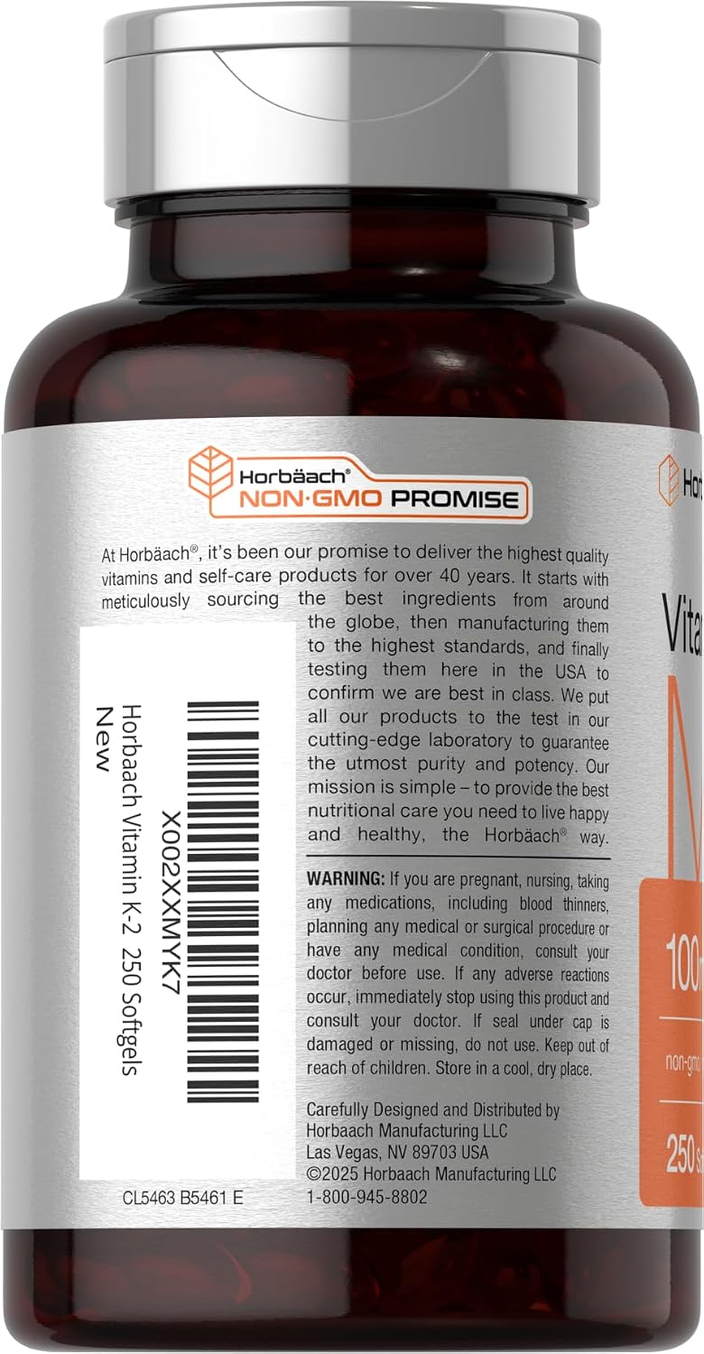 Horbäach Vitamina K2 MK7 100 mcg | 250 Cápsulas Blandas | Suplemento No-GMO Sin Gluten