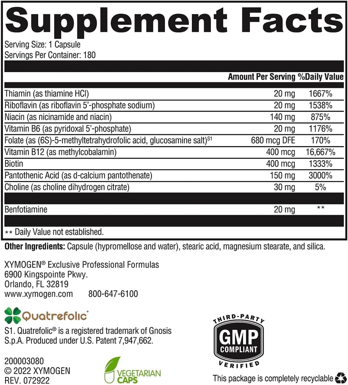 XYMOGEN B Activ - Complejo de vitaminas B para el metabolismo de carbohidratos - Apoya el sistema nervioso, la función adrenal e inmune - Sin gluten y vegetariano - 180 unidades (Envase de 1)