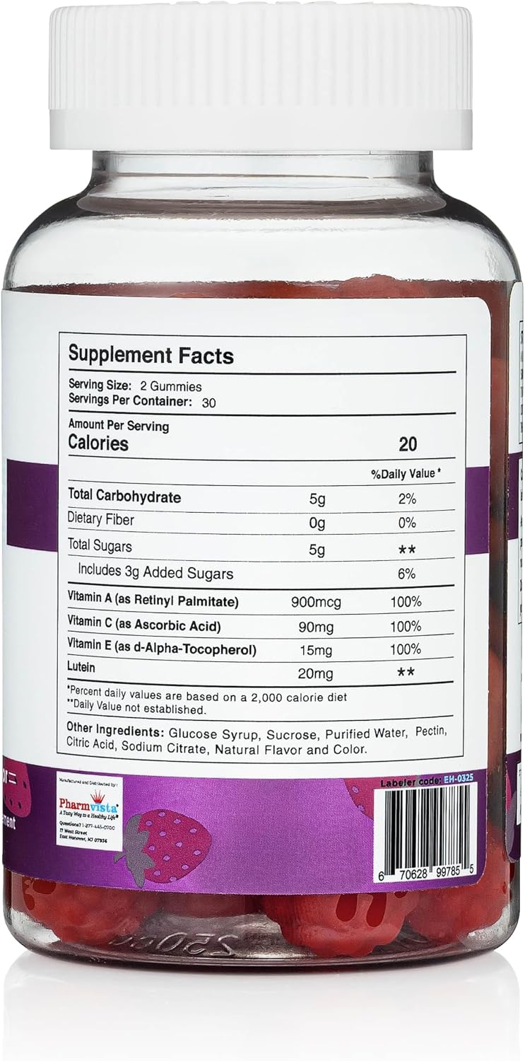 Pharmvista Gummy para la Salud Visual - Vitaminas A, C, E y Luteína - Sin Gluten, Vegano - 60 Gomitas