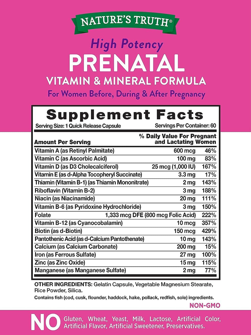 Vitaminas Prenatales con Ácido Fólico | 60 Cápsulas | Sin Gluten y No-GMO | Nature's Truth | Pack de 2