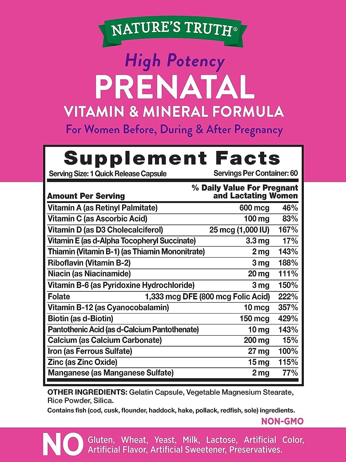 Vitaminas Prenatales con Ácido Fólico | 60 Cápsulas | Sin Gluten y No-GMO | Nature's Truth | Pack de 2