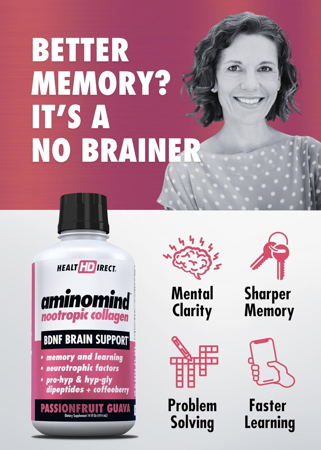 HEALTH DIRECT - AminoMind - Suplemento Nootrópico de Colágeno para la Salud Cerebral y BDNF - Dipéptidos Pro-Hyp e Hyp-Gly, Antioxidantes Coffeeberry - Maracuyá Guayaba - 414 ml (28 Dosis)