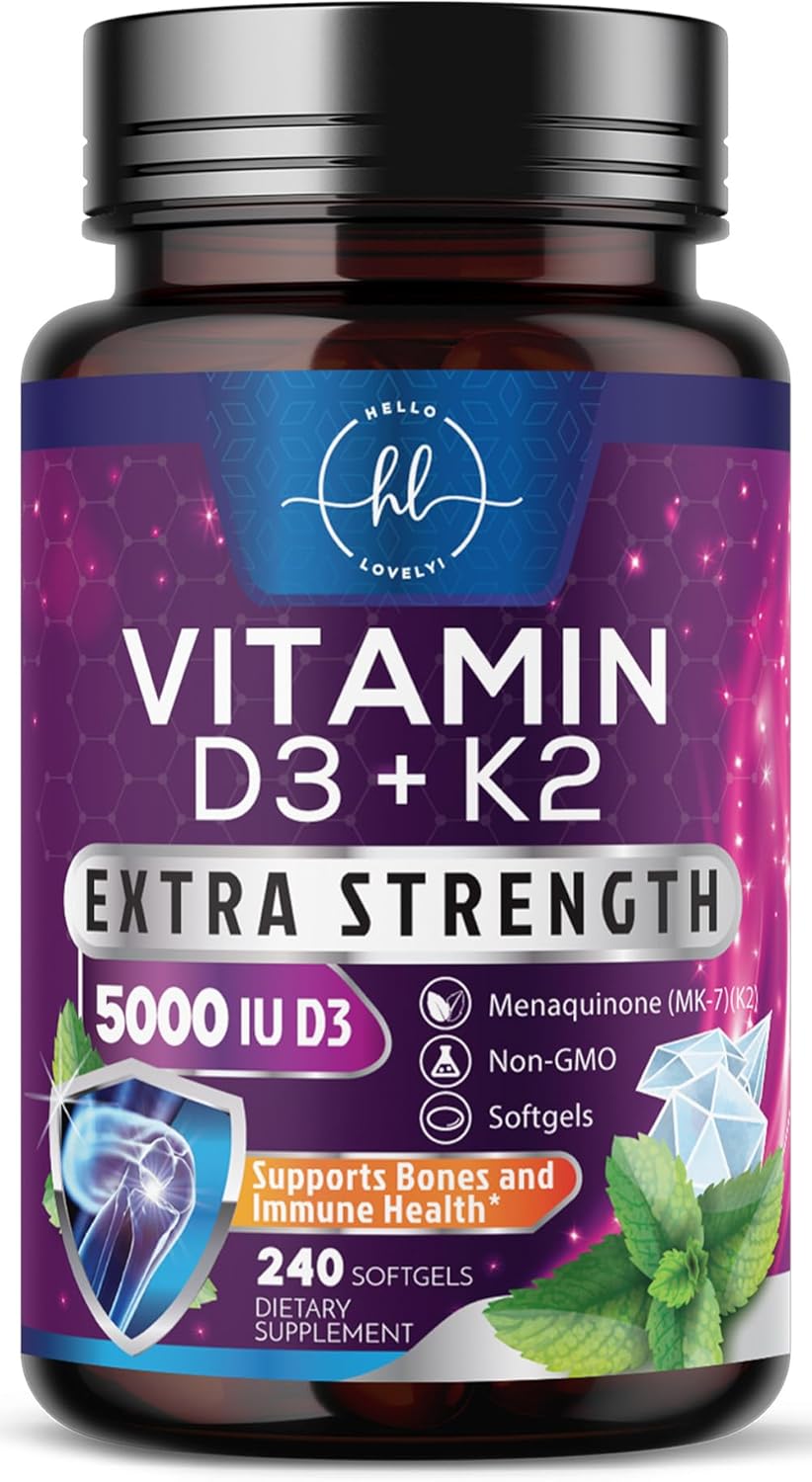 Vitamina D3 5000 IU con K2 MK-7 – 240 Cápsulas Blandas – Hello Lovely!