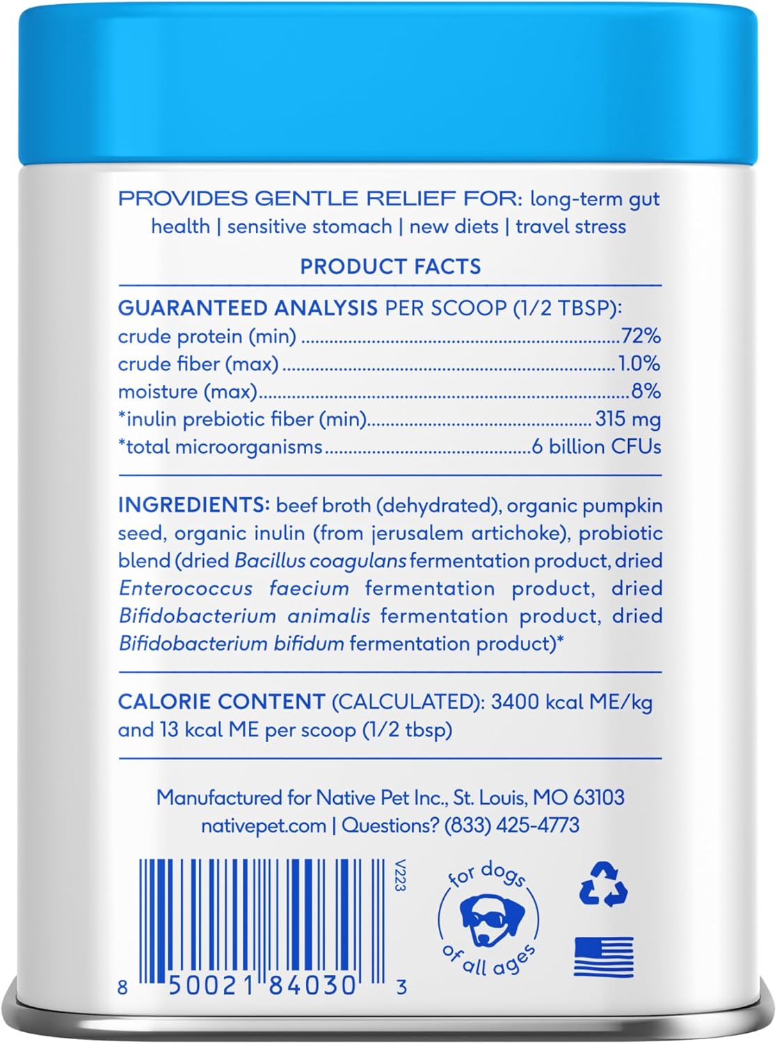 Native Pet Probióticos para Perros – Polvo Probiótico para la Salud Digestiva e Intestinal, Formulado por Veterinarios con 6 Mil Millones de UFC y Cepas Específicas para Perros – 120 Dosis