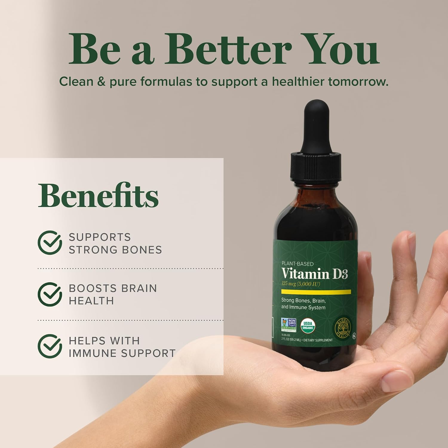 Global Healing Vitamina D3 Orgánica 5000 UI - Suplemento Vegano de Vitamina D3 - 2 fl oz