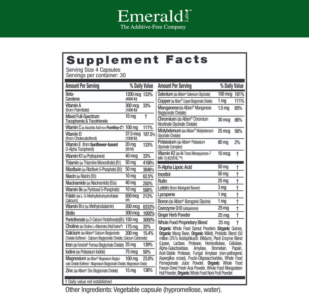 EMERALD LABS Prenatal Clinical Multi - Multivitamínico Prenatal con Metilfolato, Hierro Quelado Suave Albion, Ingredientes de Alimentos Integrales - Sin Soja ni Gluten - 120 Cápsulas Vegetales