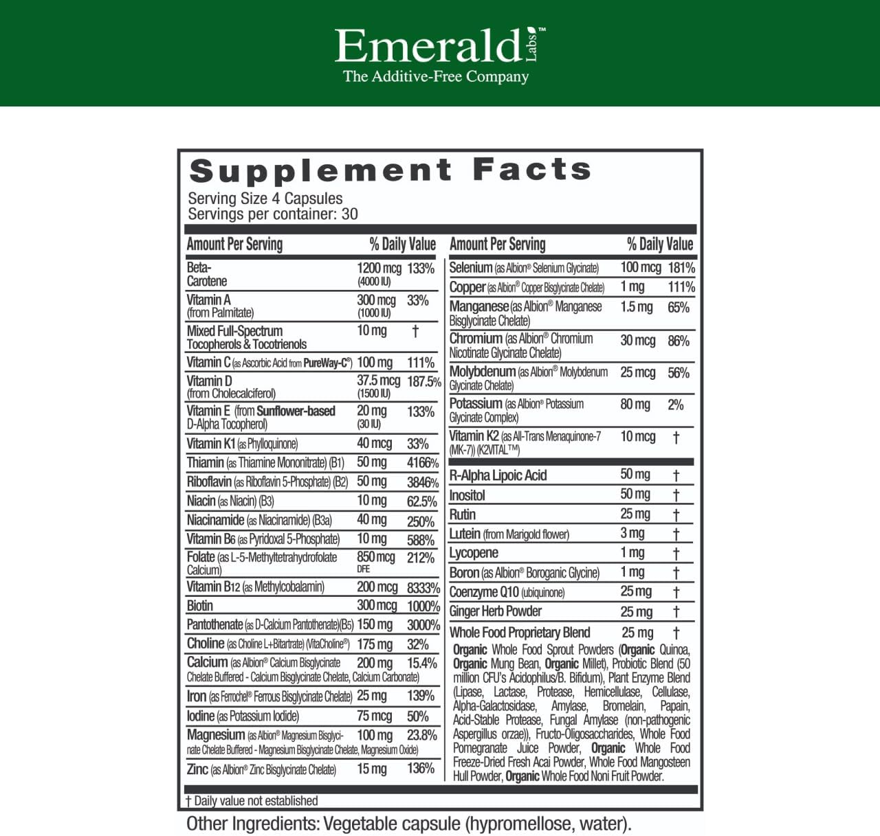 EMERALD LABS Prenatal Clinical Multi - Multivitamínico Prenatal con Metilfolato, Hierro Quelado Suave Albion, Ingredientes de Alimentos Integrales - Sin Soja ni Gluten - 120 Cápsulas Vegetales