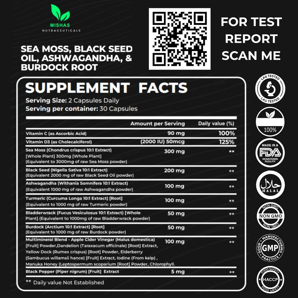 Mishas Nutraceuticals Sea Moss Blend 15 en 1 - Cápsulas de Musgo Marino y Hierbas