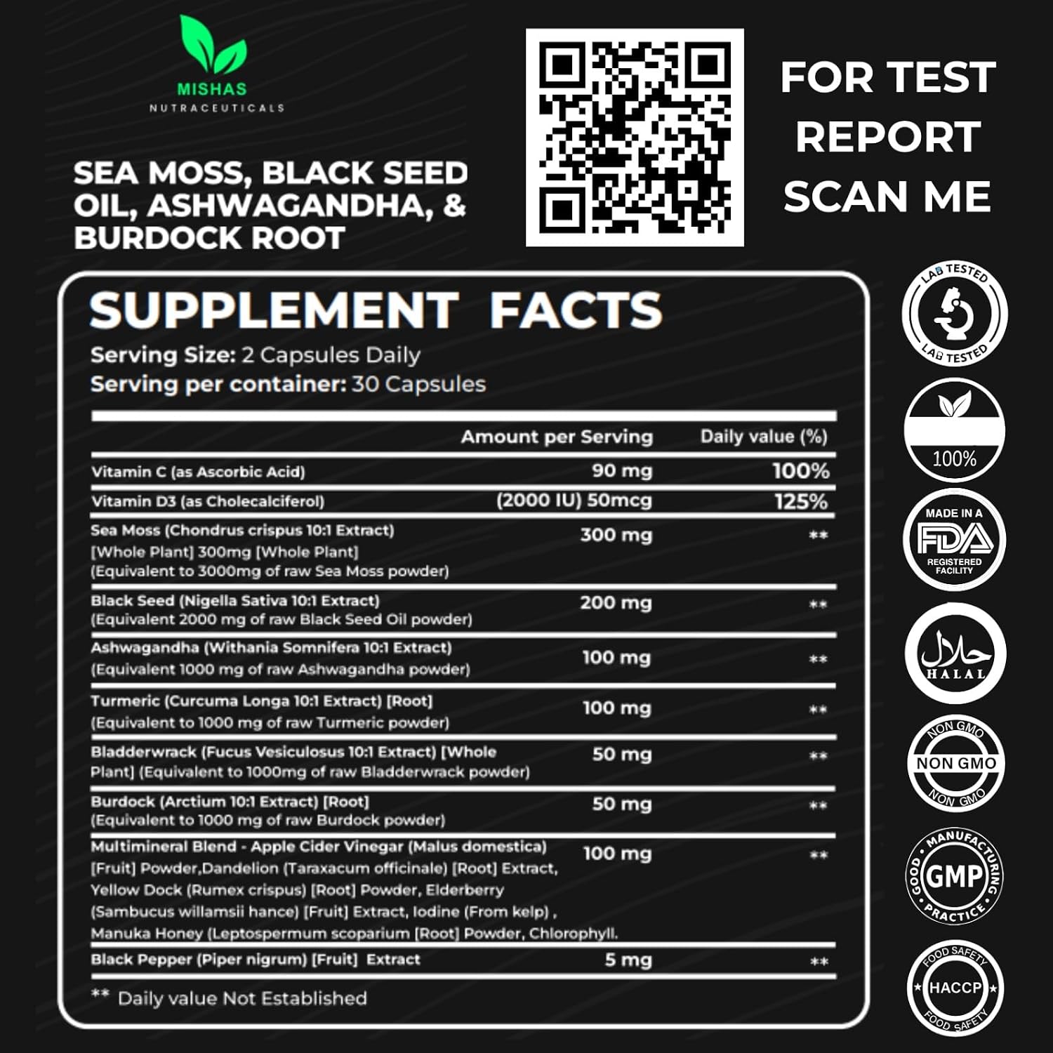 Mishas Nutraceuticals Sea Moss Blend 15 en 1 - Cápsulas de Musgo Marino y Hierbas