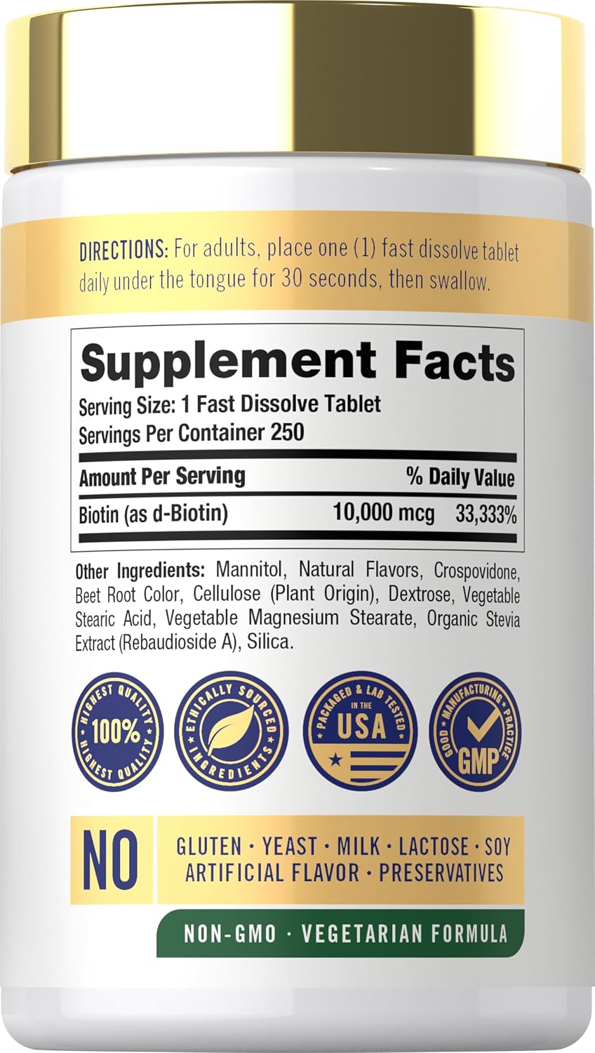 Carlyle Biotin 10000mcg | 250 Comprimidos de Disolución Rápida | Máxima Potencia | Vegetal, No OGM, Sin Gluten