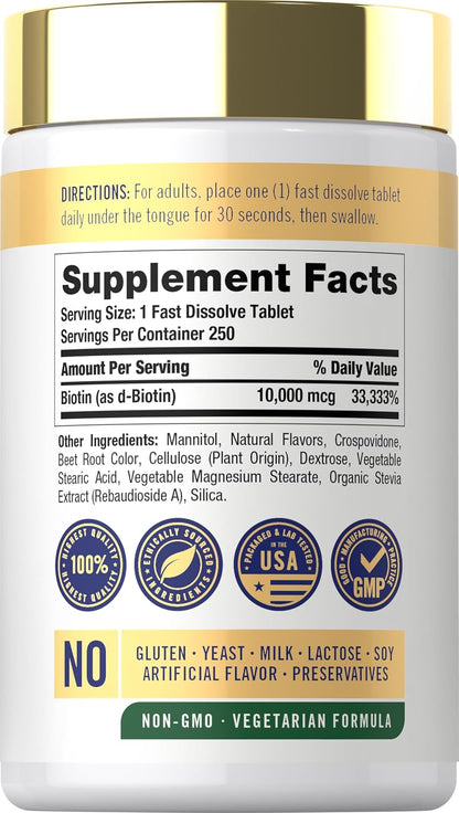 Carlyle Biotin 10000mcg | 250 Comprimidos de – Disolución rápida: Comprimidos con sabor natural a bayas que se – Image 2
