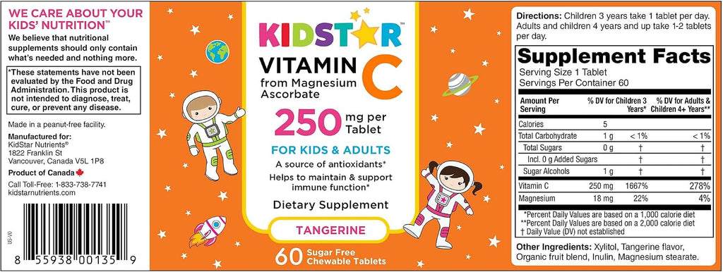 KidStar Nutrients Vitamina C Masticable, Sin Azúcar, Sabor Mandarina, 250 mg de Ascorbato de Magnesio, 60 Comprimidos