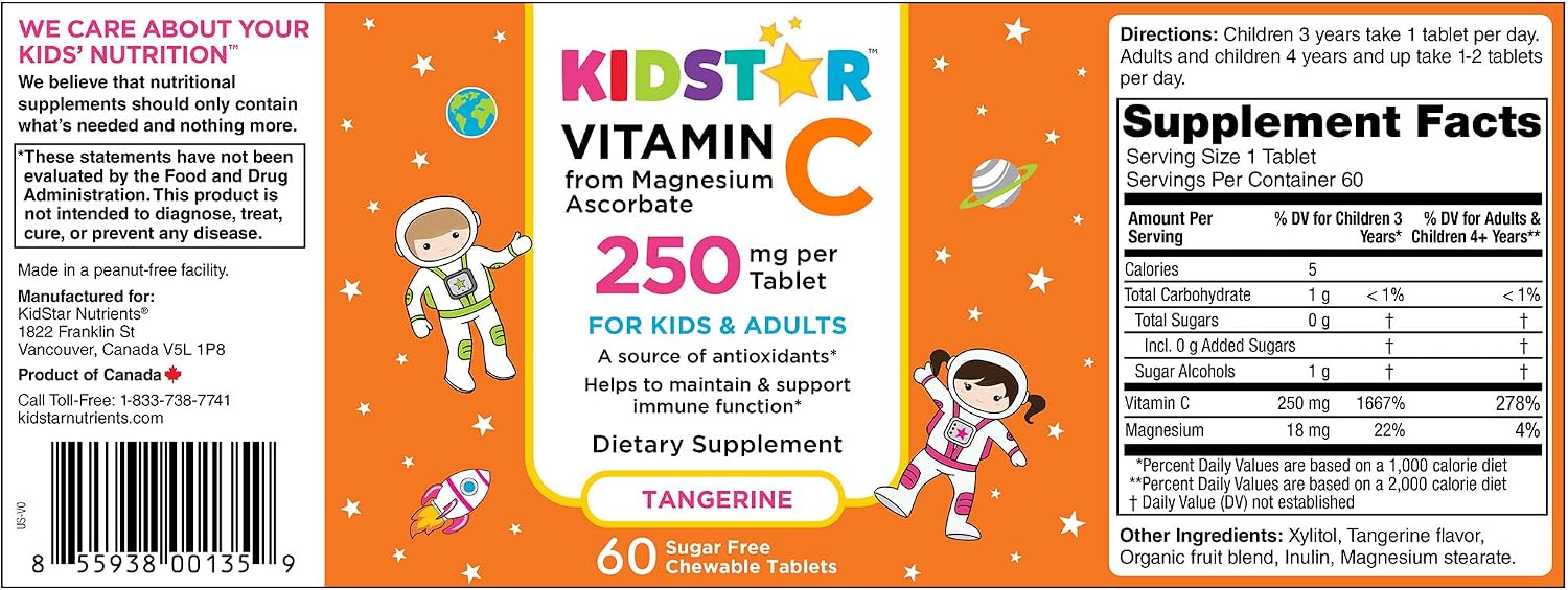 KidStar Nutrients Vitamina C Masticable, Sin Azúcar, Sabor Mandarina, 250 mg de Ascorbato de Magnesio, 60 Comprimidos