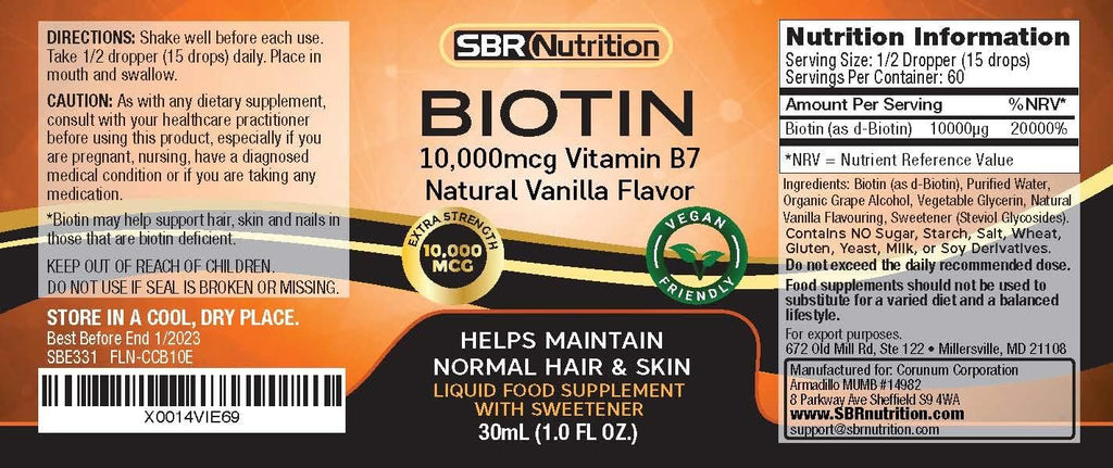 SBR Nutrition Biotina Líquida Máxima Absorción 10000 mcg - 60 Dosis