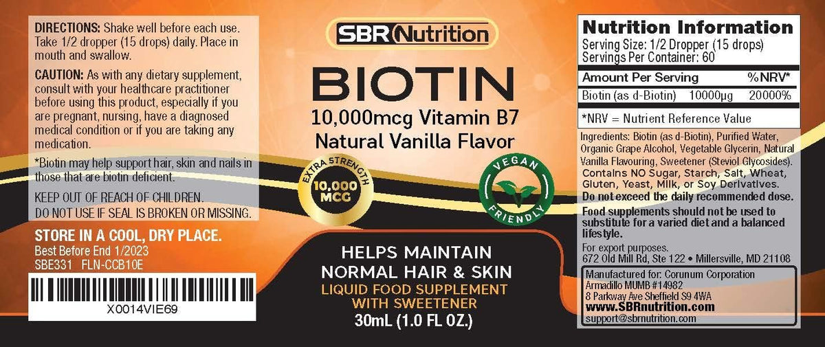 SBR Nutrition Biotina Líquida Máxima – La biotina contribuye al funcionamiento normal del sistema nervioso. – Image 2
