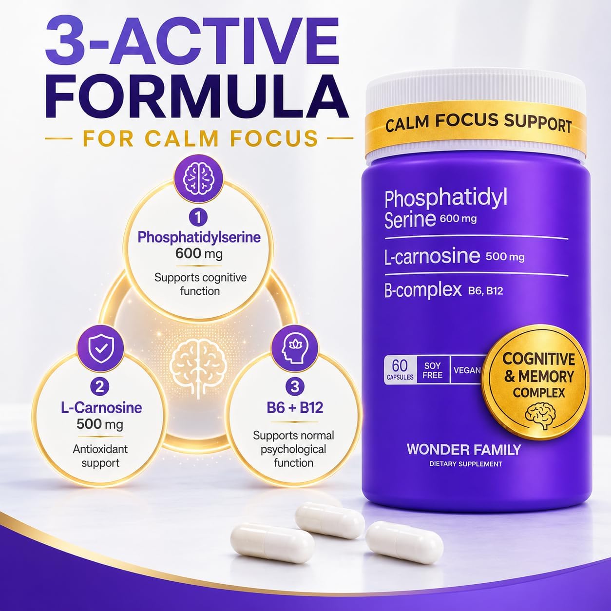 WONDER FAMILY Fosfatidilserina 600 mg con L-Carnosina 500 mg + B6, B12 y Ácido Fólico - Complejo de PS de Lecitina de Girasol sin Soja - 60 Cápsulas