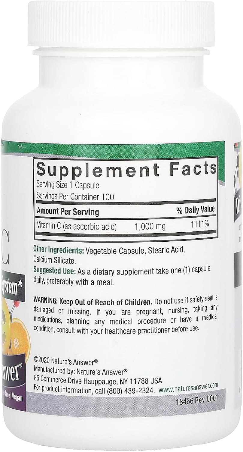 Nature’s Answer Vitamina C 1000 mg Cápsulas - Suplemento Vegano, Sin Gluten y Sin Soja