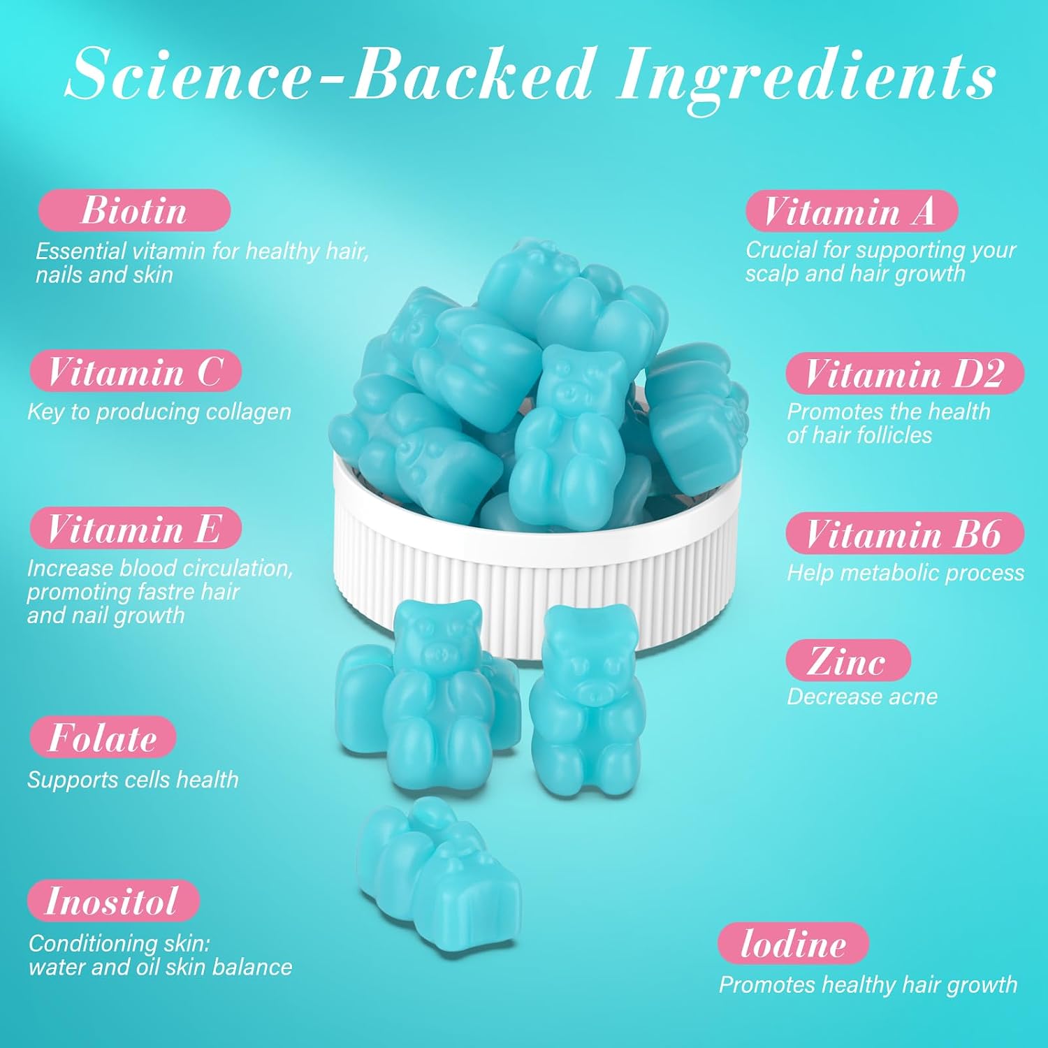Gomitas de Biotina para Cabello, Piel y Uñas - Lazpowfi - 2 Pack (60 Días) - Sabor Arándano