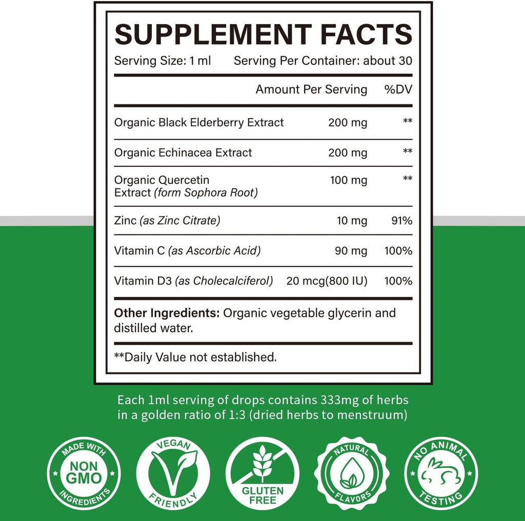 Cofure Zinc Quercetin Vitamina C D3 Líquido con Equinácea y Saúco Orgánicos - Gotas de Apoyo Inmunológico para Adultos - Vegano, Sin Gluten, No-GMO - 30 ml