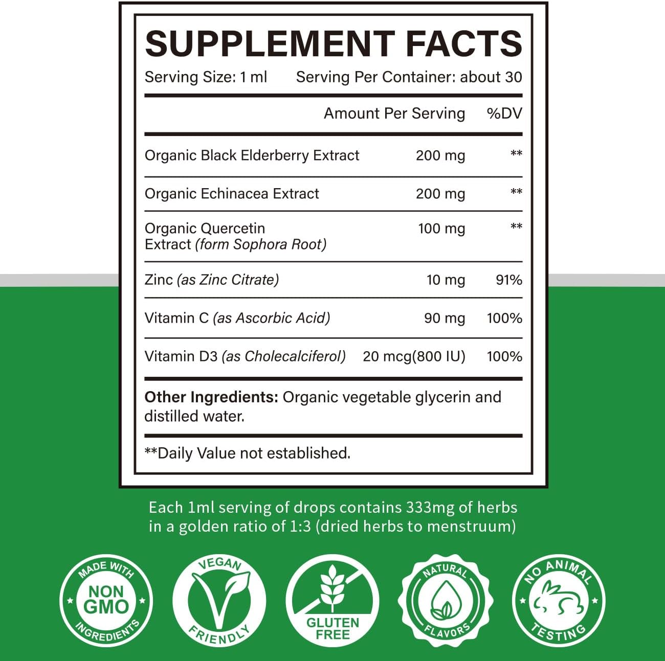 Cofure Zinc Quercetin Vitamina C D3 Líquido con Equinácea y Saúco Orgánicos - Gotas de Apoyo Inmunológico para Adultos - Vegano, Sin Gluten, No-GMO - 30 ml