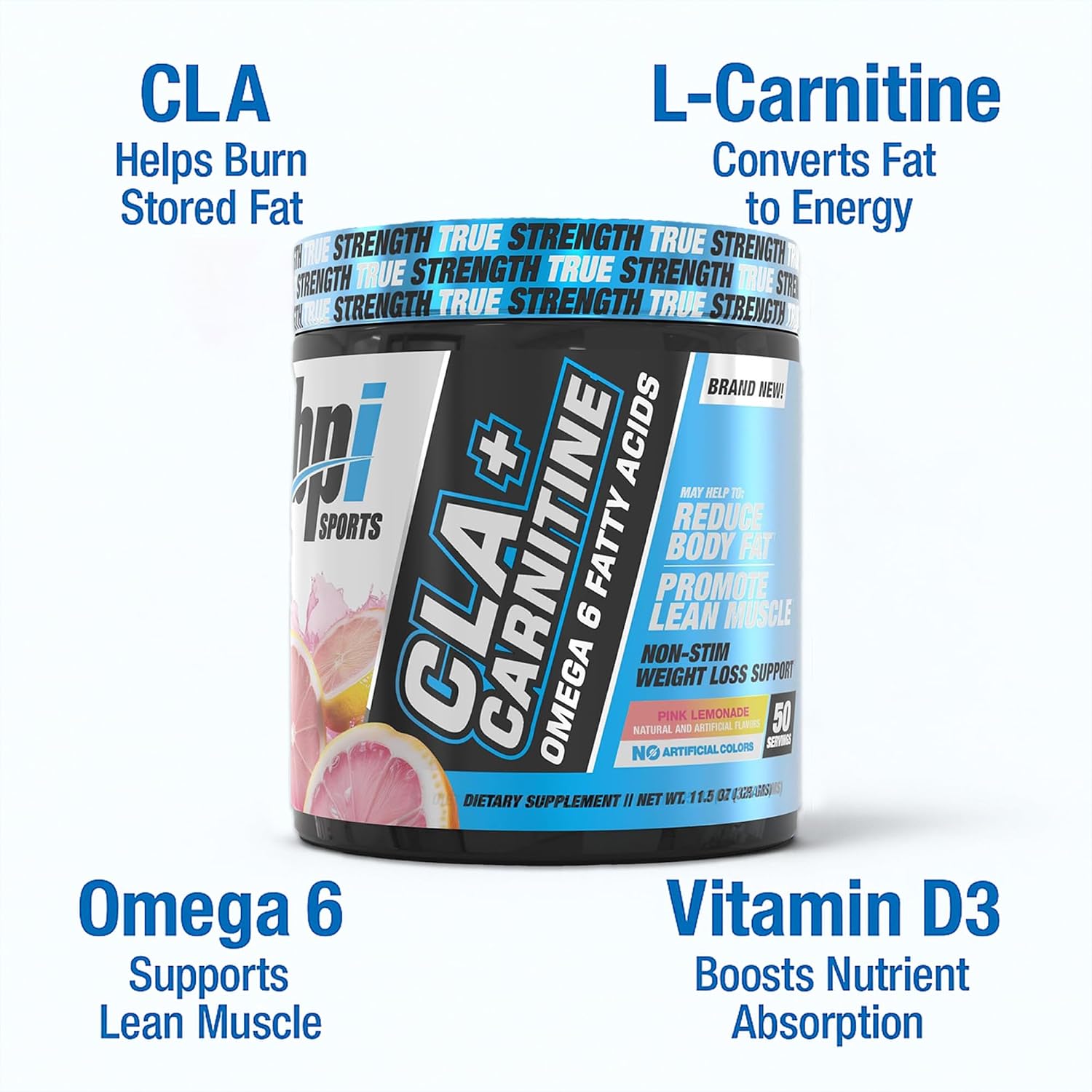 BPI Sports CLA+Carnitine – Suplemento de L-Carnitina y CLA – Sabor Limonada Rosa – 50 Dosis