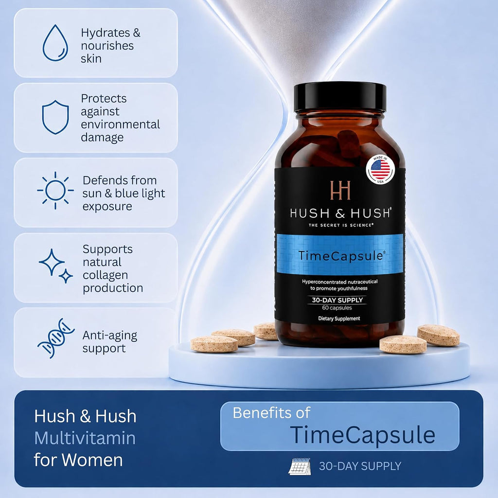 Hush & Hush Multivitamínico de Belleza para Mujeres – Colágeno Marino, Ácido Hialurónico, Vitamina C y B12 – 60 Comprimidos