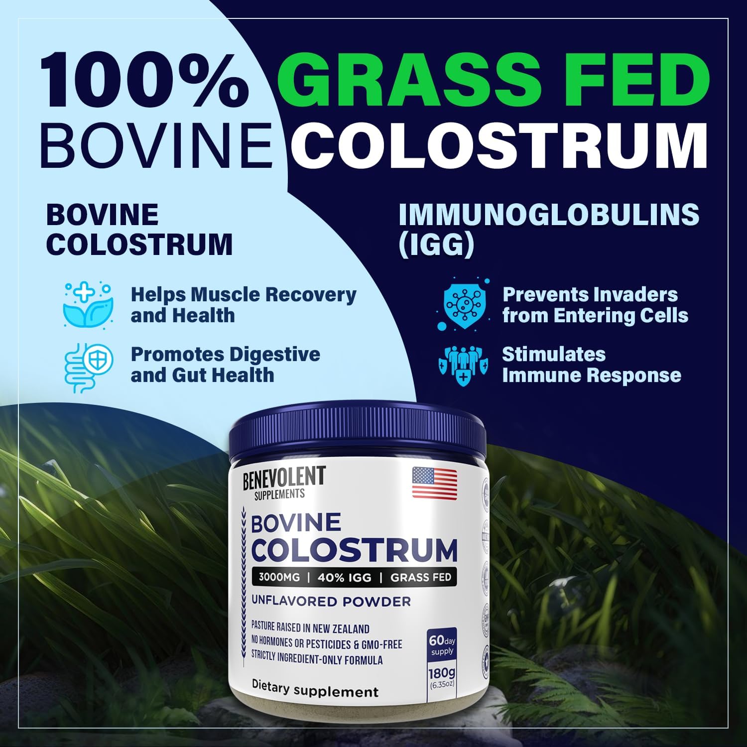 Bovine Colostrum Powder Supplement (3000mg + 40% IgG + No Fillers) - Unflavored - Grass Fed - 60 Servings