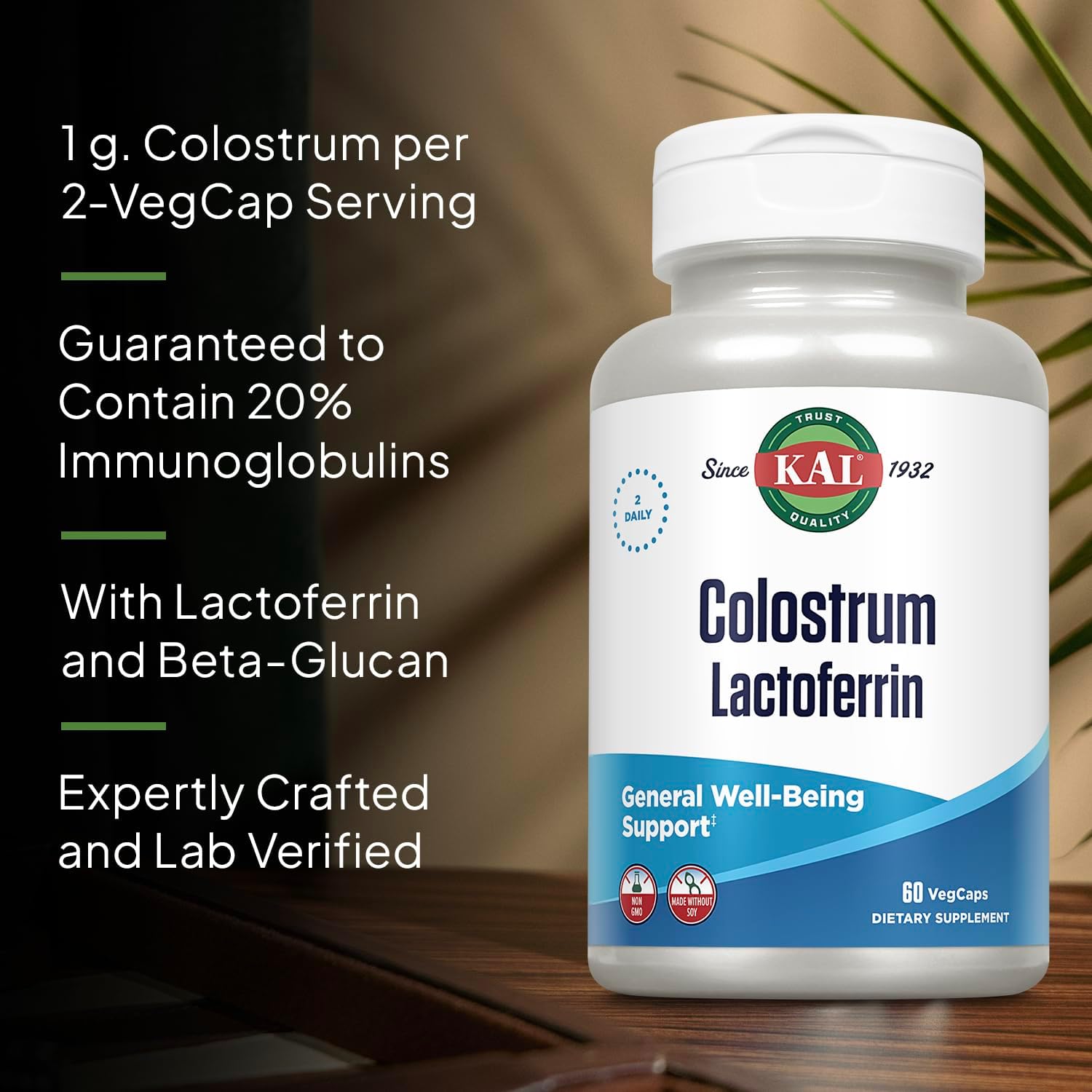 KAL Calostro Lactoferrina, 20% Inmunoglobulinas, con Lactoferrina y Beta Glucano, 60 Cápsulas