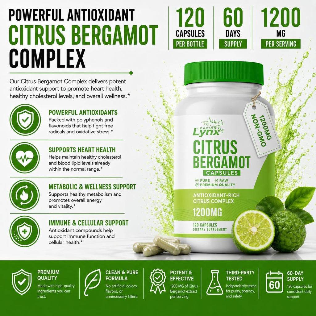 Citrus Bergamot 1200 mg – Apoyo Cardiovascular y Antioxidante | 120 Cápsulas (60 Días) | No Transgénico