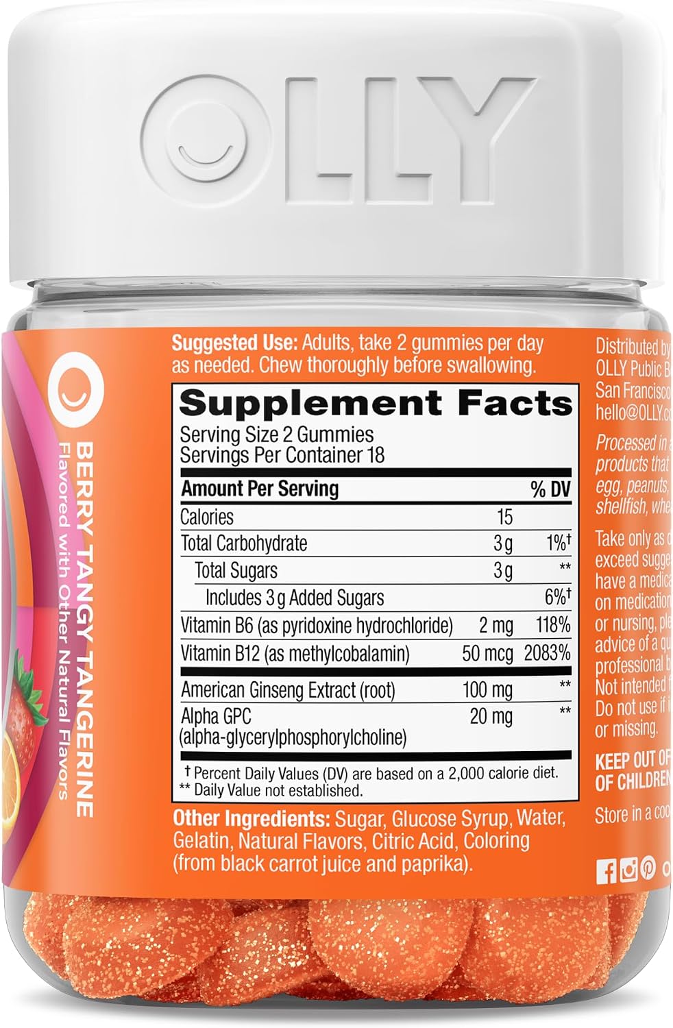 OLLY Laser Focus Gummy - Gominolas para la Concentración con Ginseng, Alfa GPC y Vitaminas B - Sabor Bayas y Mandarina - 36 Gominolas