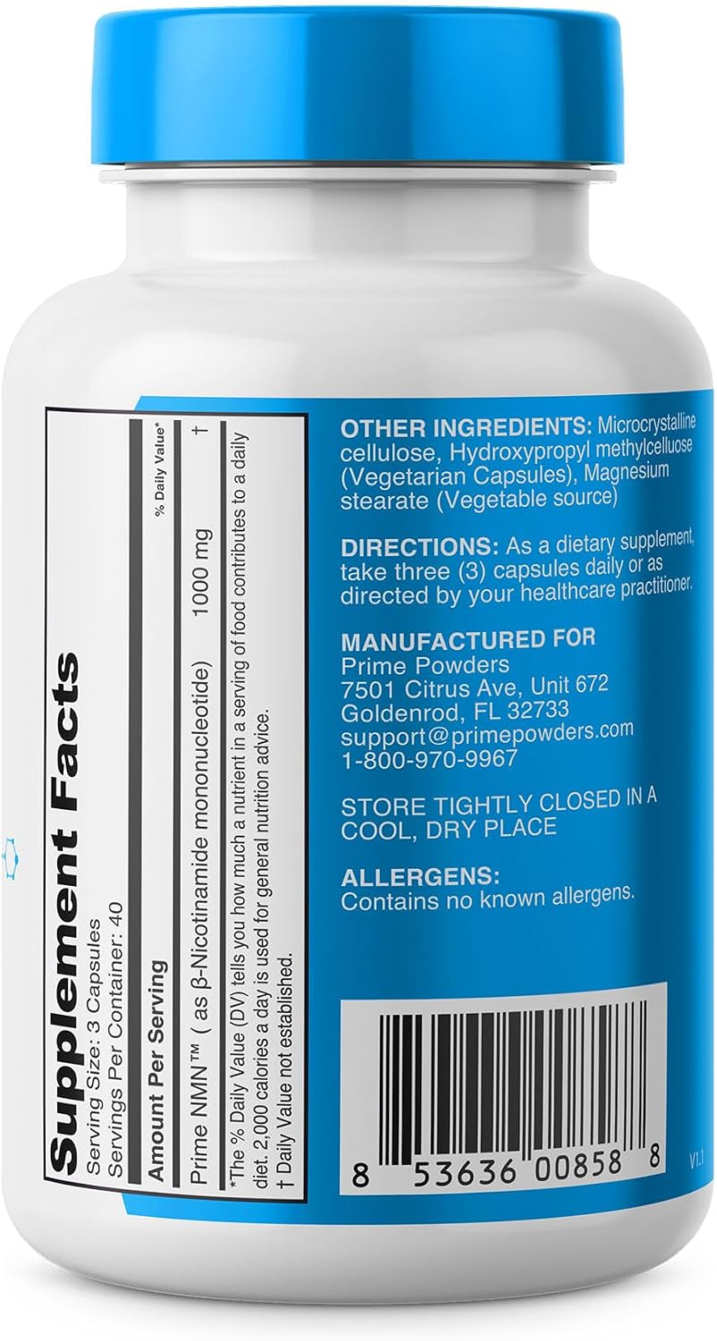Prime Powders Cápsulas de NMN – 1000 mg por Ración – Nicotinamida Mononucleótido Estabilizada – Alta Potencia – 120 Cápsulas Vegetarianas, No Transgénico y Sin Gluten