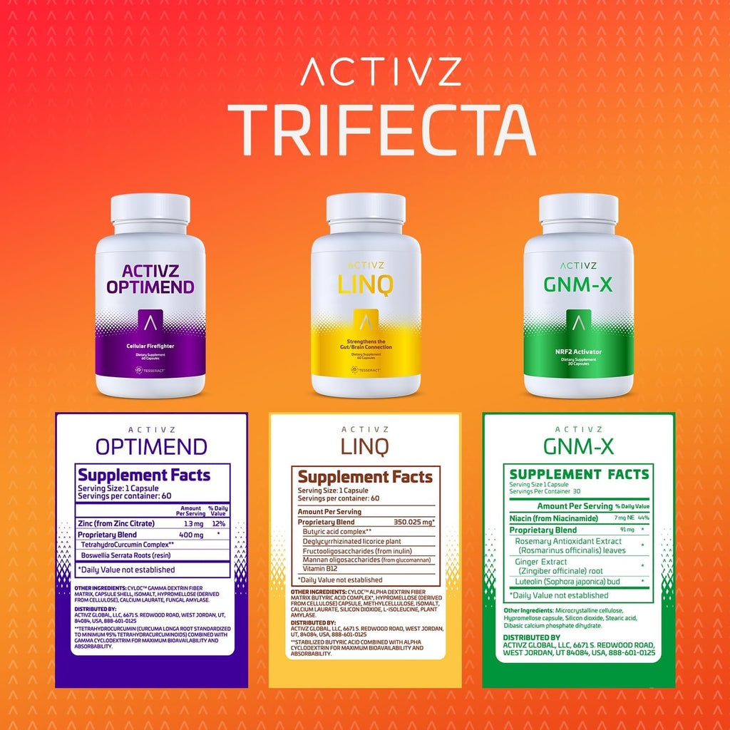 ACTIVZ - Trifecta - GNM-X, Optimend, LINQ - Apoyo Nrf2, flexibilidad, función cerebral e intestinal, sistema inmunitario, piel y células - 3 Pack