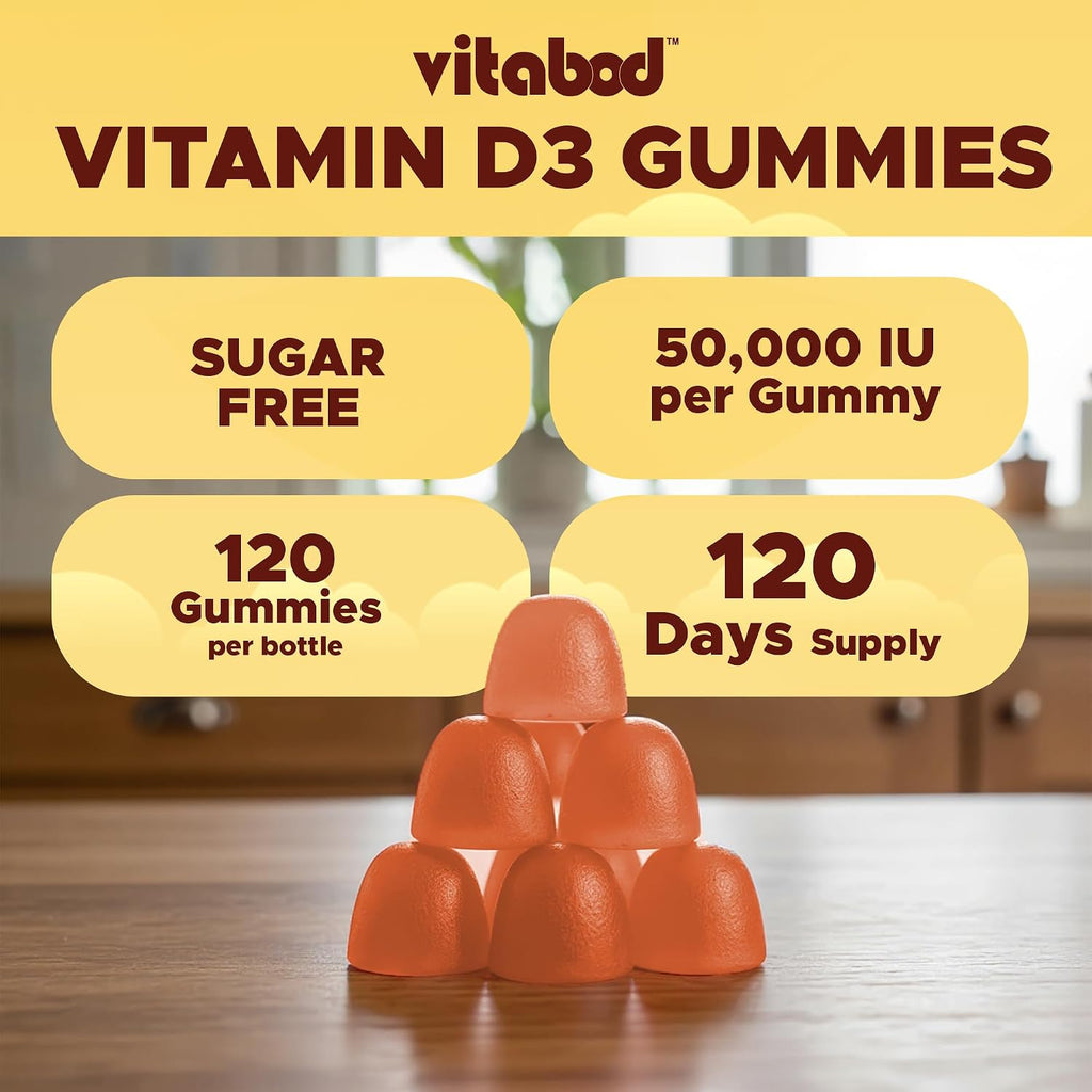 Vitabod Gominolas de Vitamina D3 sin Azúcar, 50.000 UI Semanales – 120 unidades – Apoyo para Huesos, Dientes y Sistema Inmunitario – Sin OGM, Fácil de Masticar