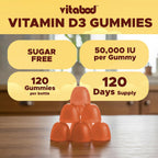 Vitabod Gominolas de Vitamina D3 sin Azúcar, 50.000 UI Semanales – 120 unidades – Apoyo para Huesos, Dientes y Sistema Inmunitario – Sin OGM, Fácil de Masticar