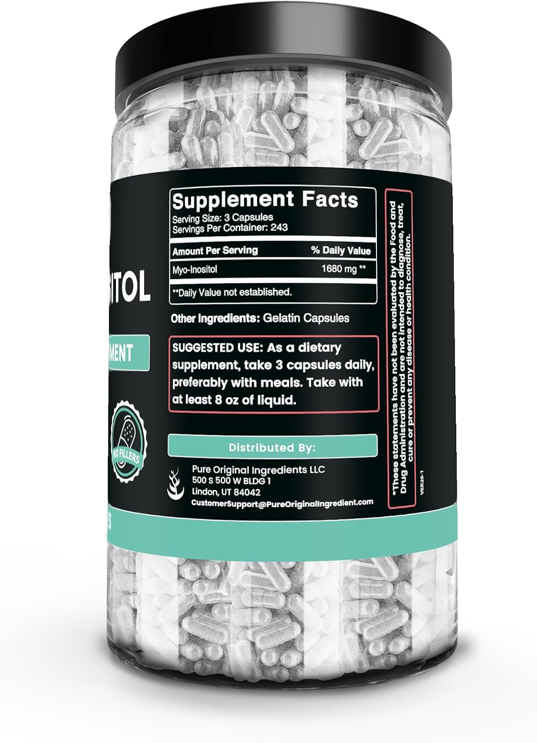 Pure Original Ingredients Myo-Inositol (730 Cápsulas) Sin Magnesio Ni Rellenos de Arroz, Siempre Puro, Verificado en Laboratorio
