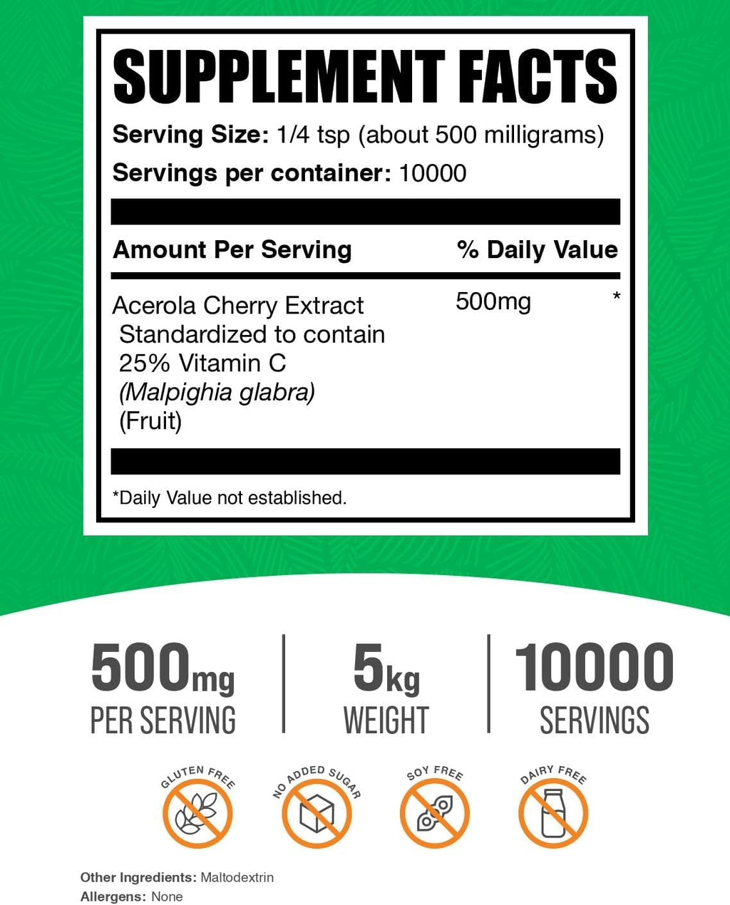 BulkSupplements Extracto de Acerola en Polvo - Vitamina C Natural, 500mg por Ración, 1kg (Paquete de 5)